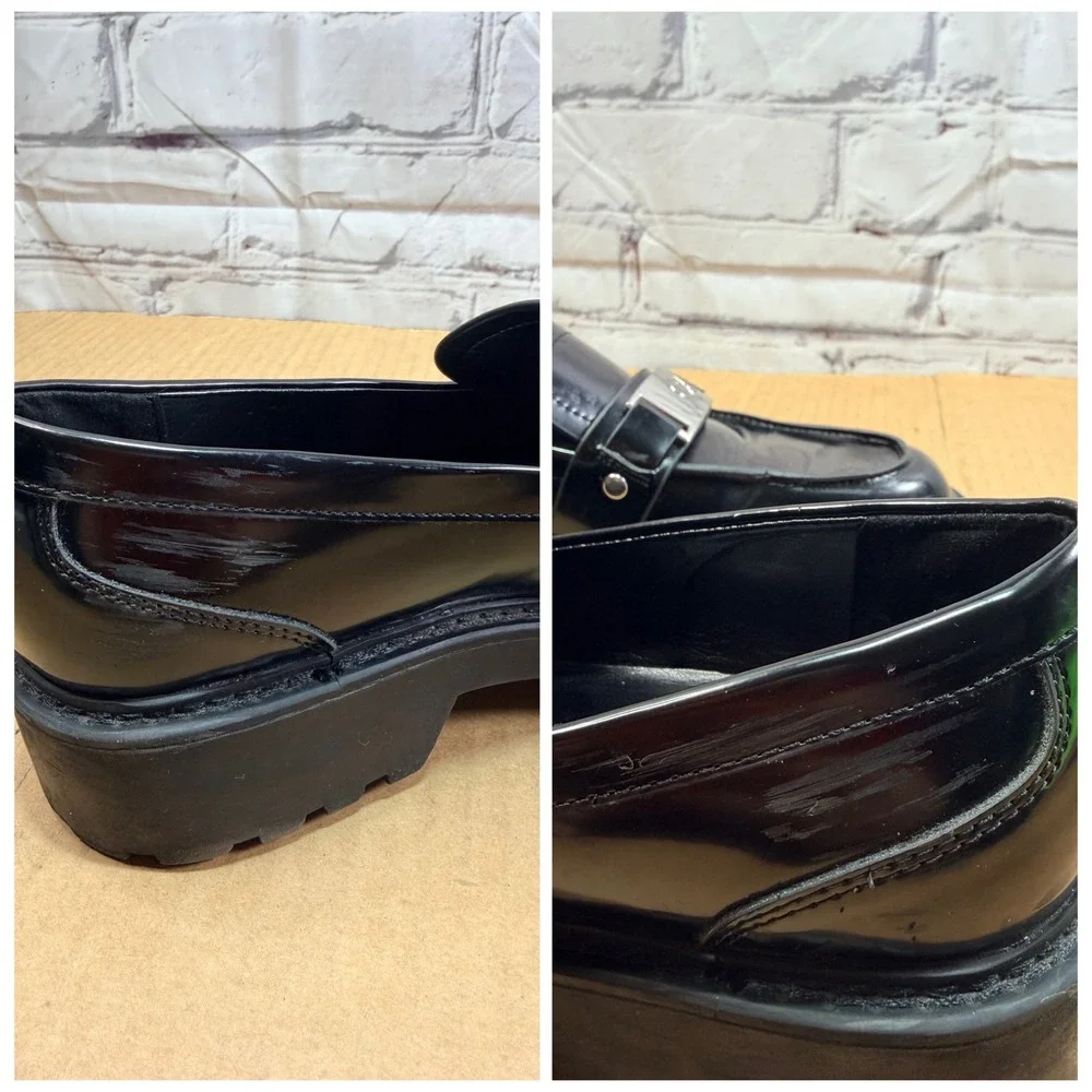 Calvin Klein Faux Patent Loafers Women 7 Black Lug Sole Chunky Dark Academia 90s
